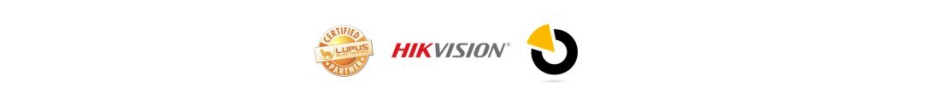 Die Logos von Lupus und Hikvision, die eine zertifizierte Partnerschaft kennzeichnen.